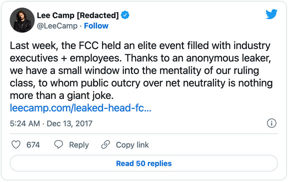 FCC Tweet. Lee Camp