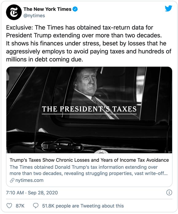 New York times Donald trump tax Avoidance Tweet