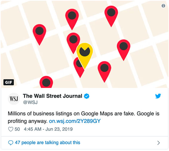 Wall Street Journal Tweet - millions of google map listings are fake