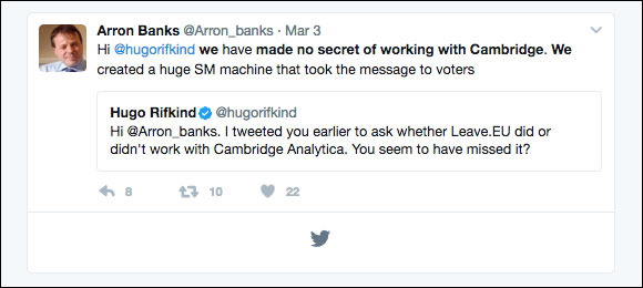 Aaron Banks Tweet - We have made no seret of working with cambridge