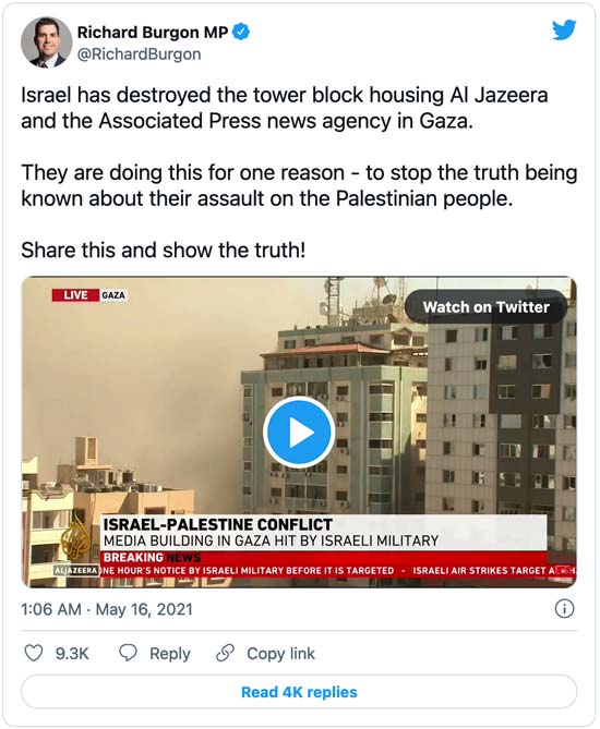 Isreal destroys Al Jazeera and the Associated Press Building - Tweet