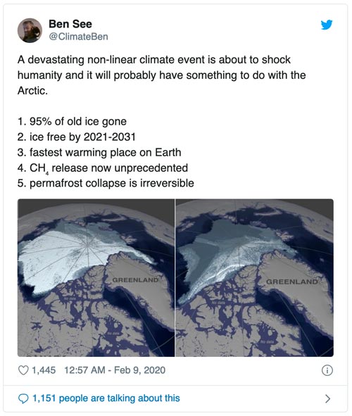 Tweet about Devasting Climate Event, 95% of old polar ice gone!