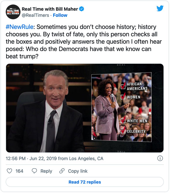 Bill Maher Tweet about Oprah