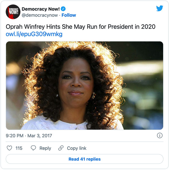 Democracy Now Tweet about Oprah