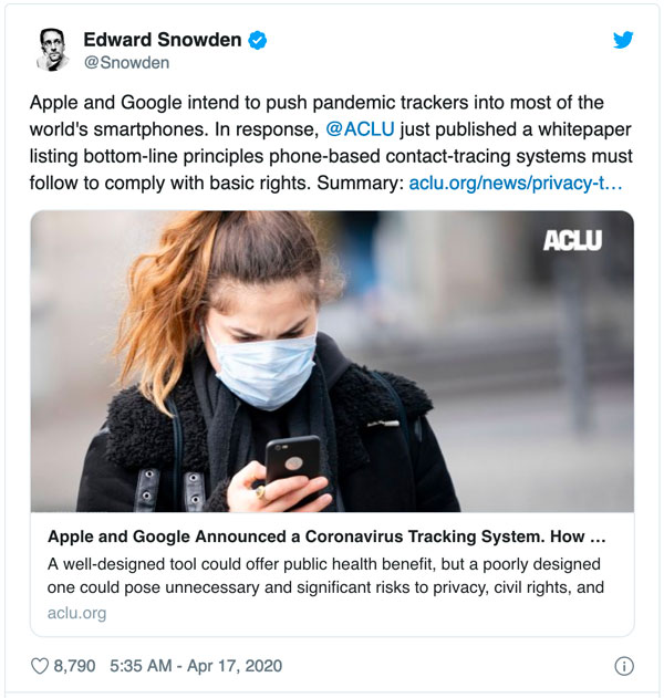 Edward Snowden Tweet about the dangers of the Covis App