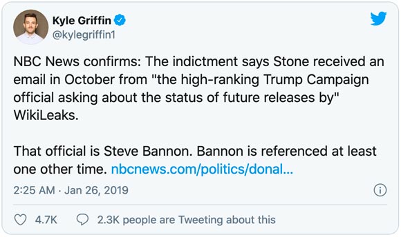 Tweet about Roger Stone referring to Steve BannonTweet