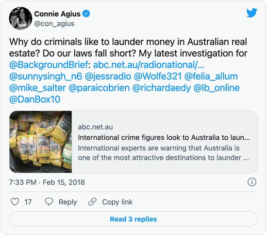 Money Laundering in Australia Tweet