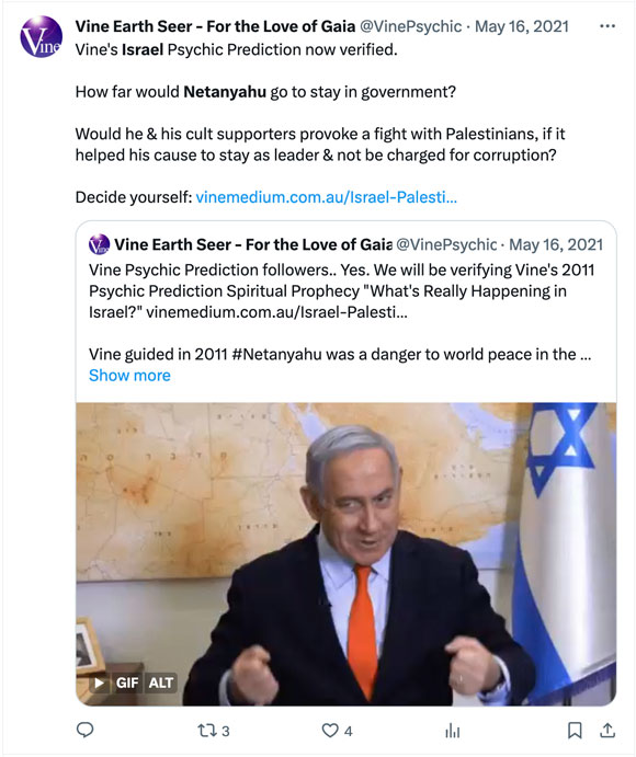 Earth Seer Vine warns about Netanyahu