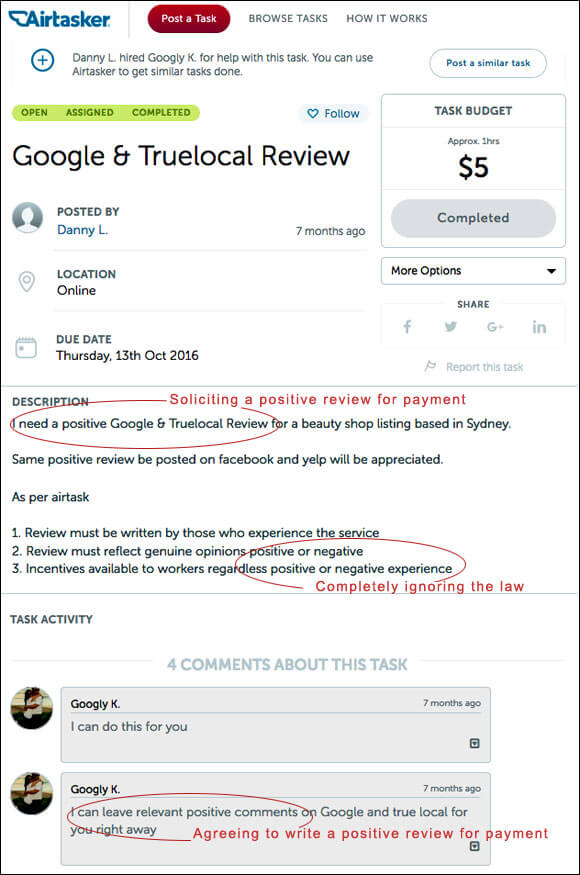 Soliciting a fake review for True Local