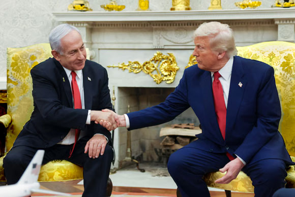 Trump and Netanyahu in their gilded empire, sitting on their thrones of gold.