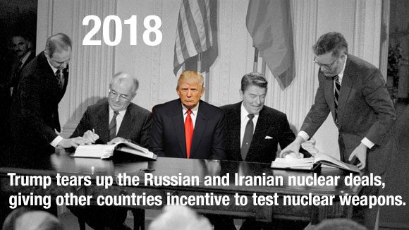 2018 - Trump tears up Russian and Iranian Nuclear deals which causes other countries to test more nuclear weapons