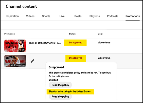 YouTube promotion censorship